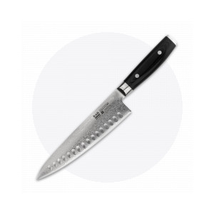 Нож кухонный Шеф 20 см, с углублениями на лезвии, Gyuto, дамасская сталь, серия Ran, YAXELL, Япония, Ножи сантоку